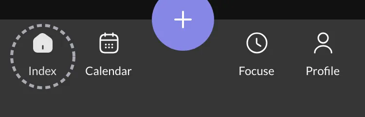 The app's bottom bar with the Index icon circled in grey.
