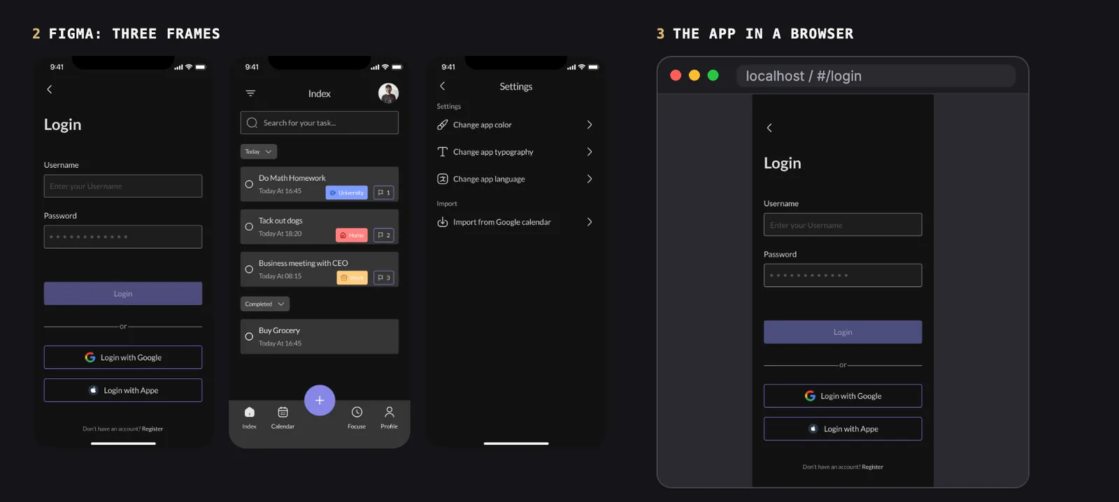 The three inputs for the QA run: the login ticket with its acceptance criteria, the three Figma frames, and the built app open in a browser.