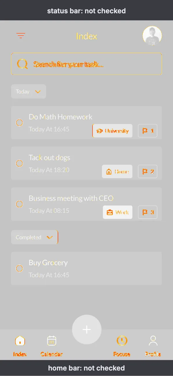 Pixel difference heat map of the task list screen against its Figma design, with most marked pixels on the edges of letters.