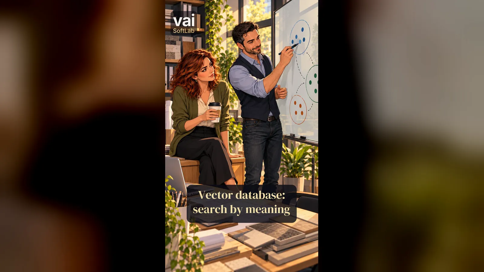 A man draws three groups of coloured dots on a glass whiteboard while a woman sits on the edge of a desk with a coffee and listens. The caption reads: Vector database: search by meaning.