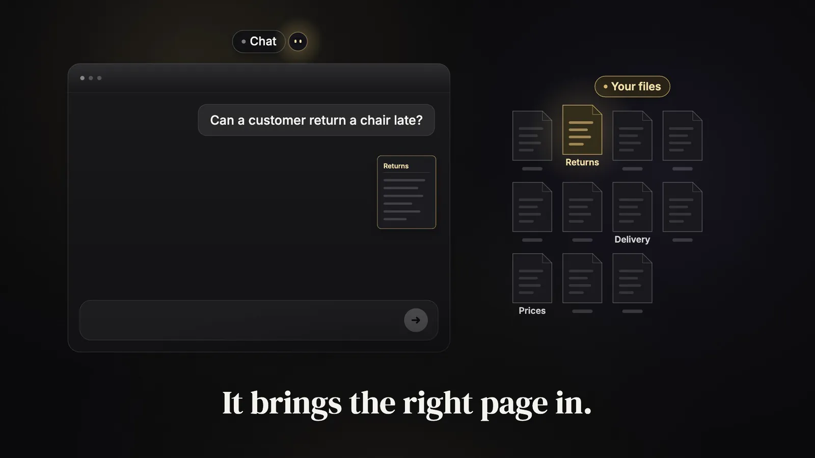 A chat window on the left with a typed question. On the right, a shelf of small grey file icons under a gold tag that reads Your files; one file, Returns, is gold and open. A page slides from the file across the gap into the chat window. The label reads: It brings the right page in.