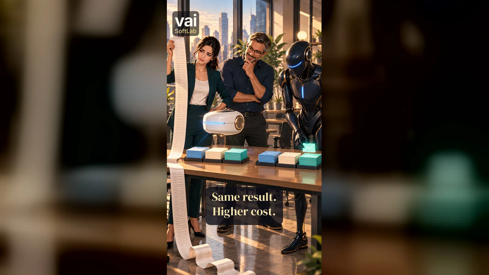 A woman holds up a very long paper bill next to a man and two AI machines: a small white floating device and a tall dark android. On the table, both machines have sorted the emails into the same three piles. The caption reads: Same result. Higher cost.