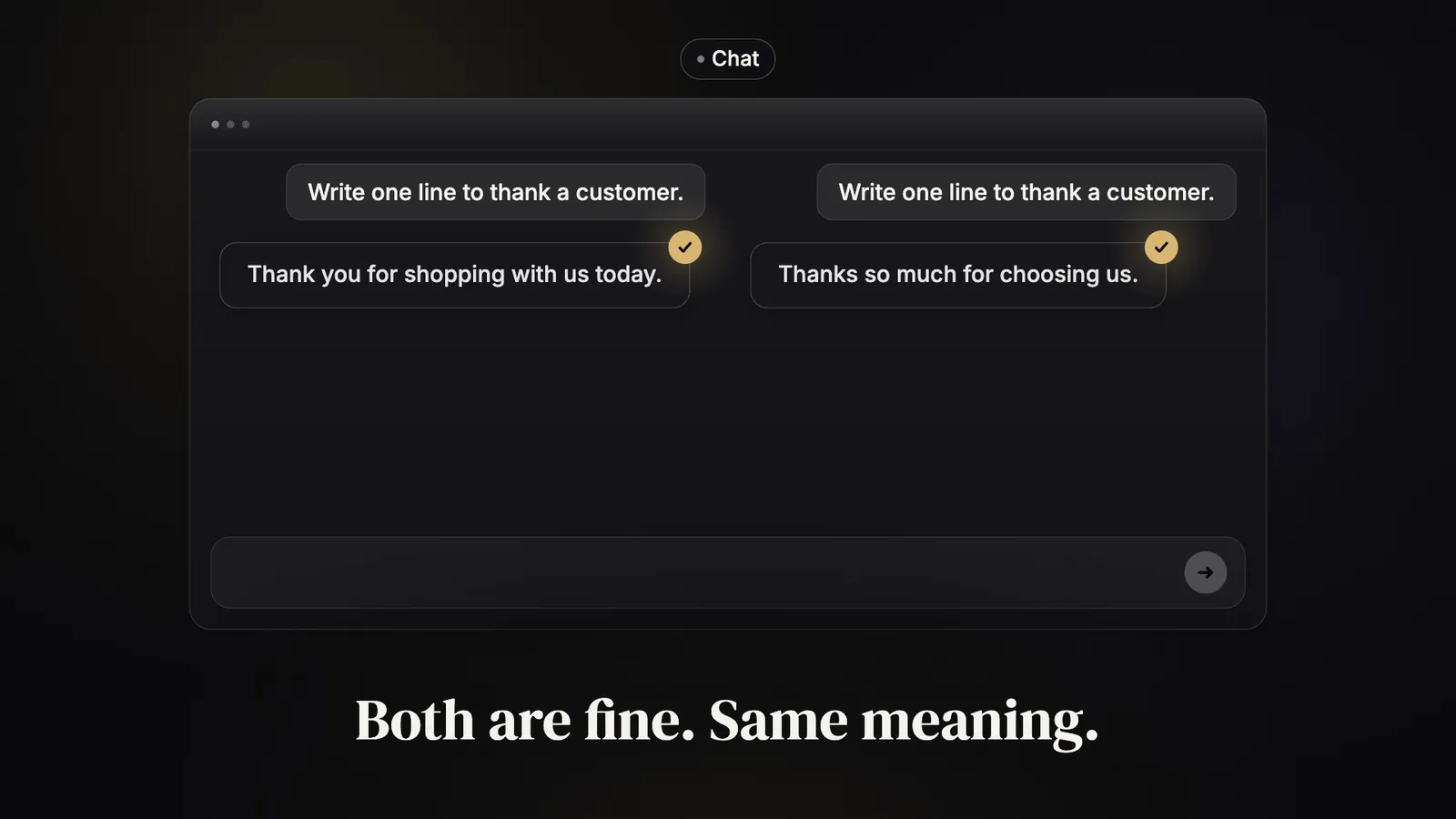 A chat window with the same question asked twice: Write one line to thank a customer. Two different answers sit side by side, Thank you for shopping with us today, and Thanks so much for choosing us, each with a gold tick. The label reads: Both are fine. Same meaning.